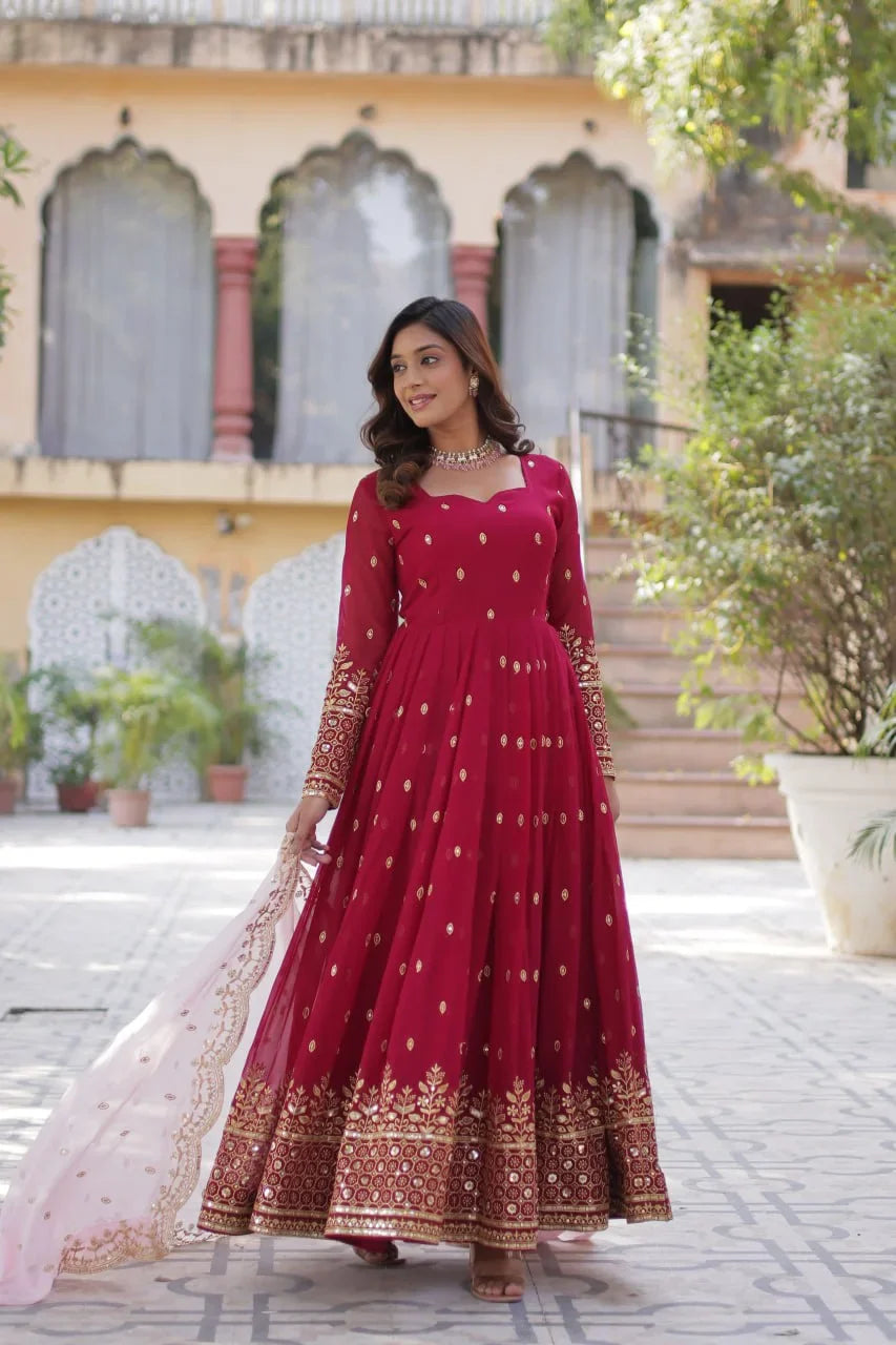 Paprika Red Georgette Sequins Embroidery Work Gown With Contras Dupatta