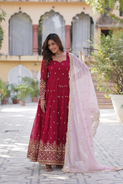 Paprika Red Georgette Sequins Embroidery Work Gown With Contras Dupatta