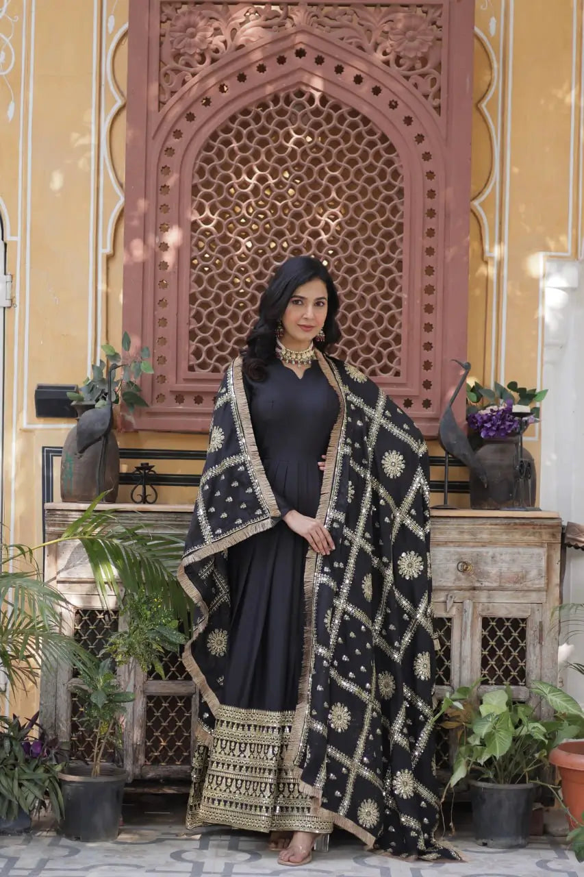 Charcoal Black Georgette Embroidery Work Gown With Heavy Dupatta