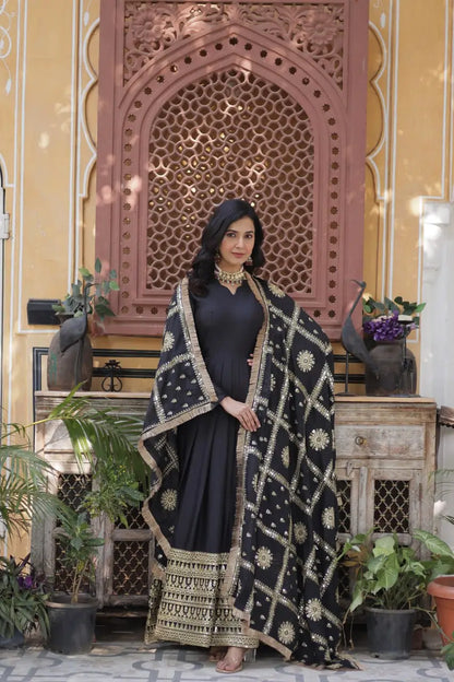Charcoal Black Georgette Embroidery Work Gown With Heavy Dupatta