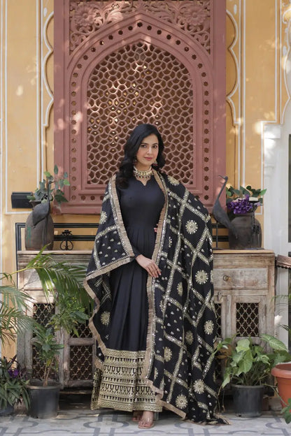 Charcoal Black Georgette Embroidery Work Gown With Heavy Dupatta