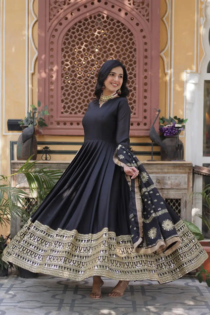 Charcoal Black Georgette Embroidery Work Gown With Heavy Dupatta