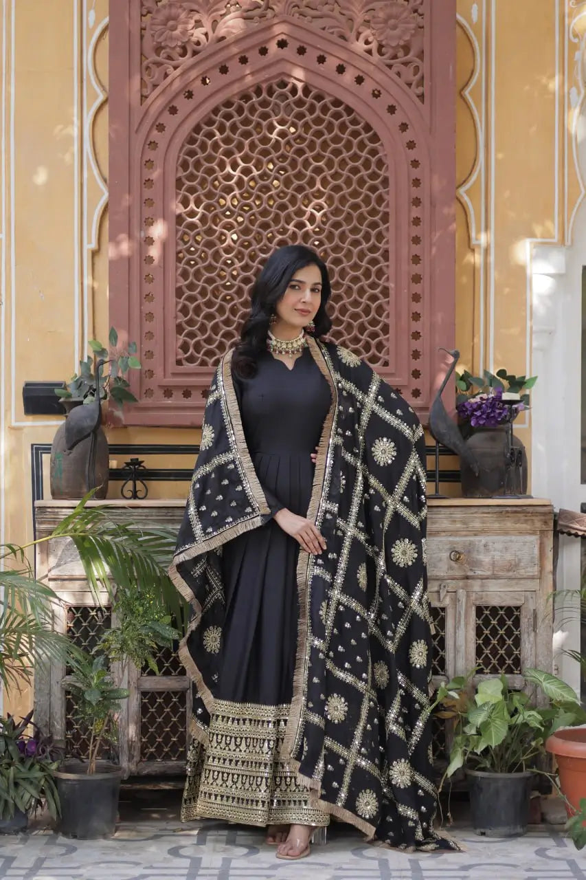 Charcoal Black Georgette Embroidery Work Gown With Heavy Dupatta