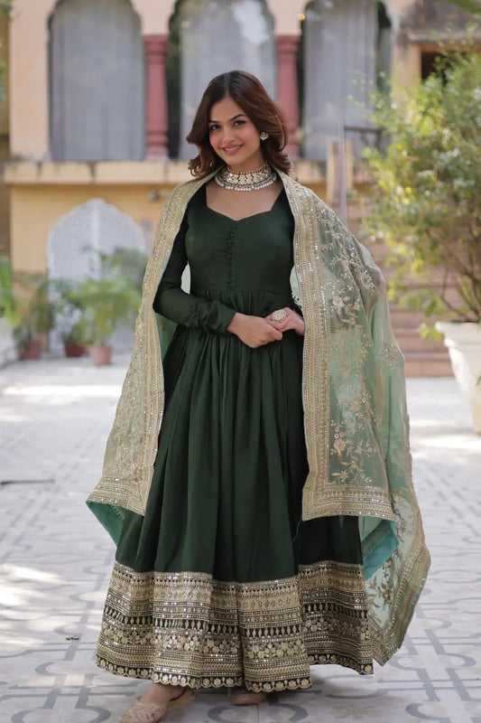 Olive Green Shimmer Vichitra Rich Sequins Embroidered Gown With Heavy Dupatta