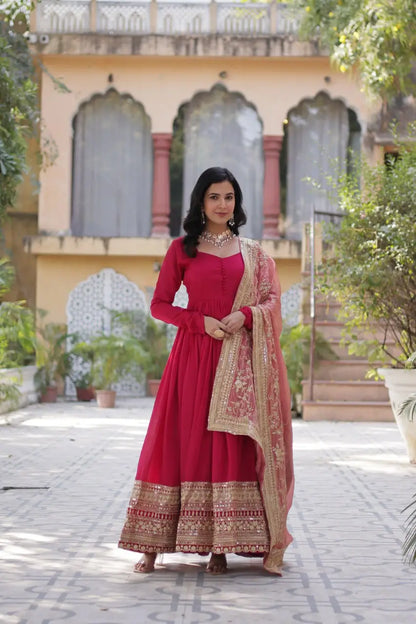 Pink Shimmer Vichitra Rich Sequins Embroidered Gown With Heavy Dupatta