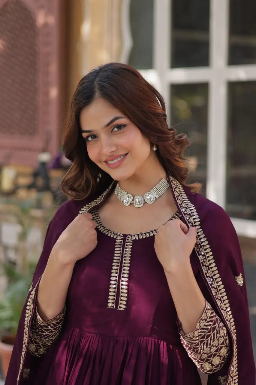 Wine Sequins Embroidery Work Gown With Heavy Dupatta