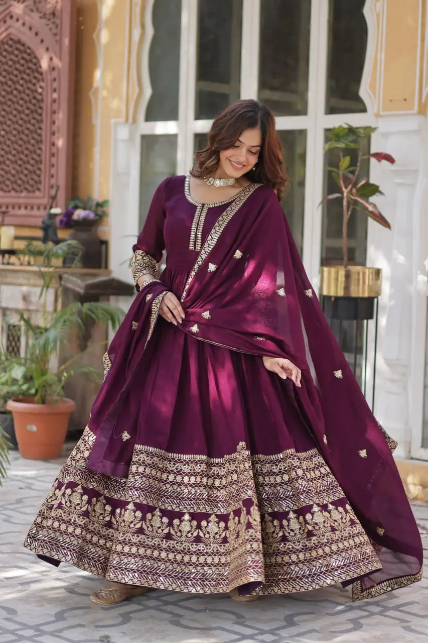 Wine Sequins Embroidery Work Gown With Heavy Dupatta