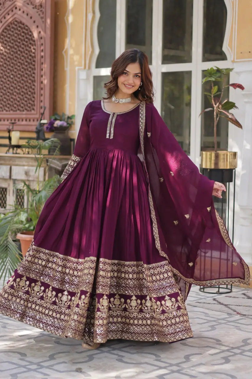 Wine Sequins Embroidery Work Gown With Heavy Dupatta