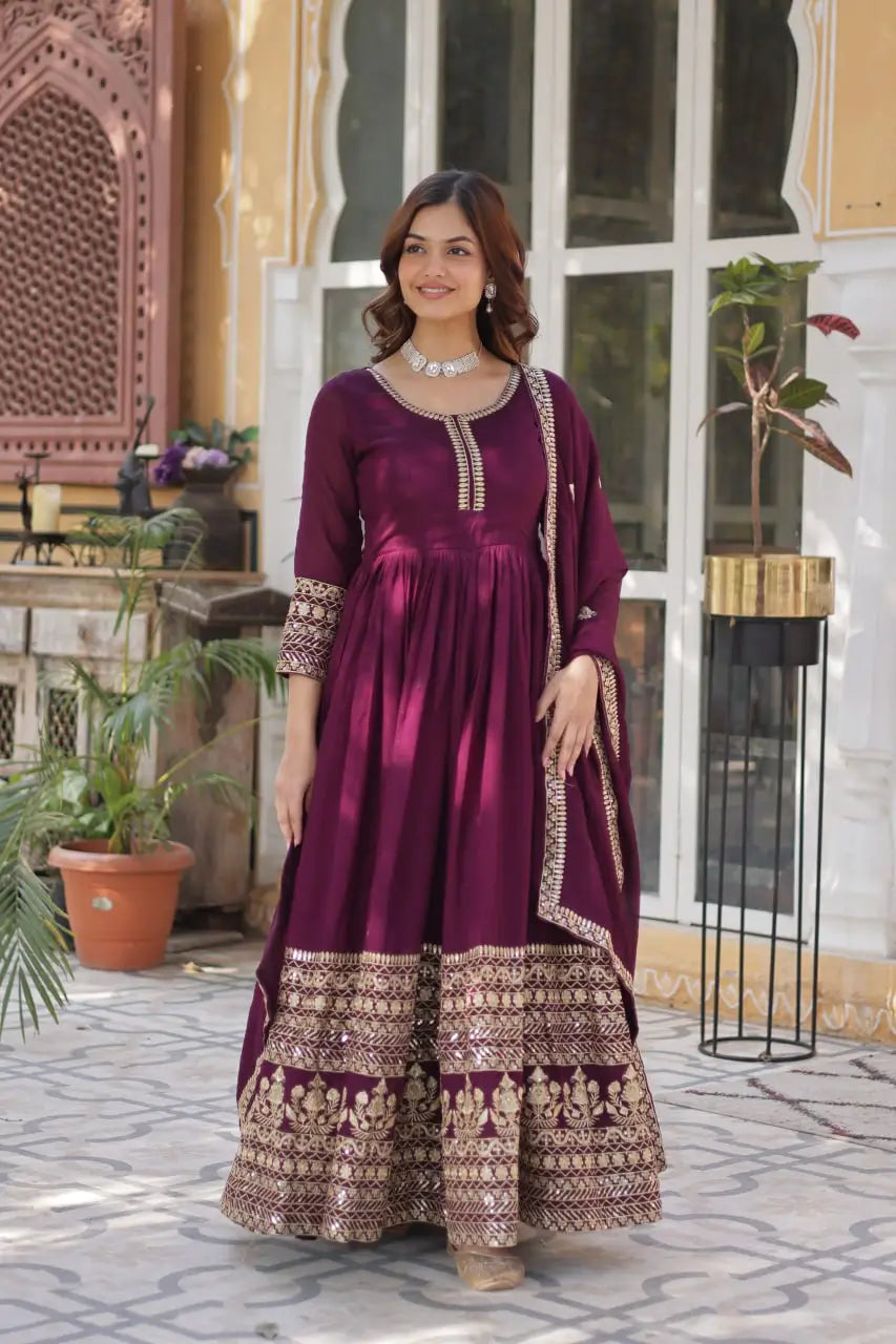 Wine Sequins Embroidery Work Gown With Heavy Dupatta