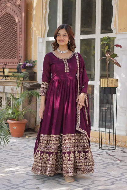Wine Sequins Embroidery Work Gown With Heavy Dupatta