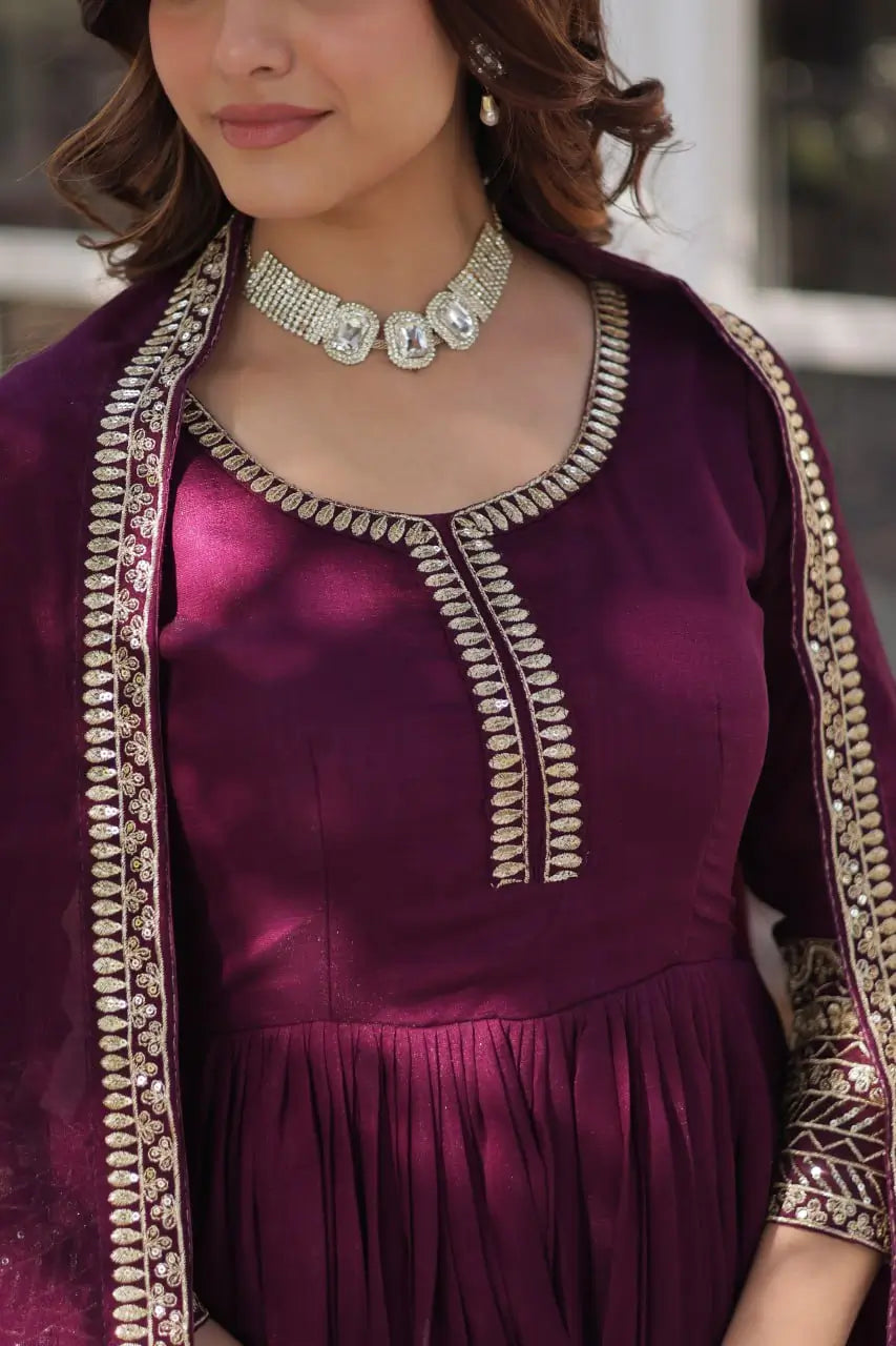 Wine Sequins Embroidery Work Gown With Heavy Dupatta