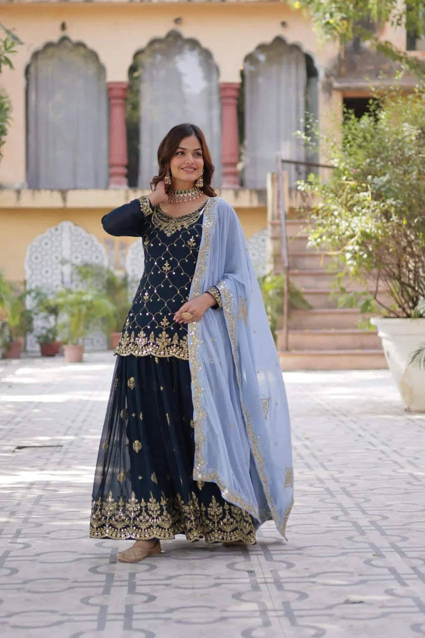 Teal Blue Sequins Embroidery Work Kurti Palazzo Suit With Contras Dupatta