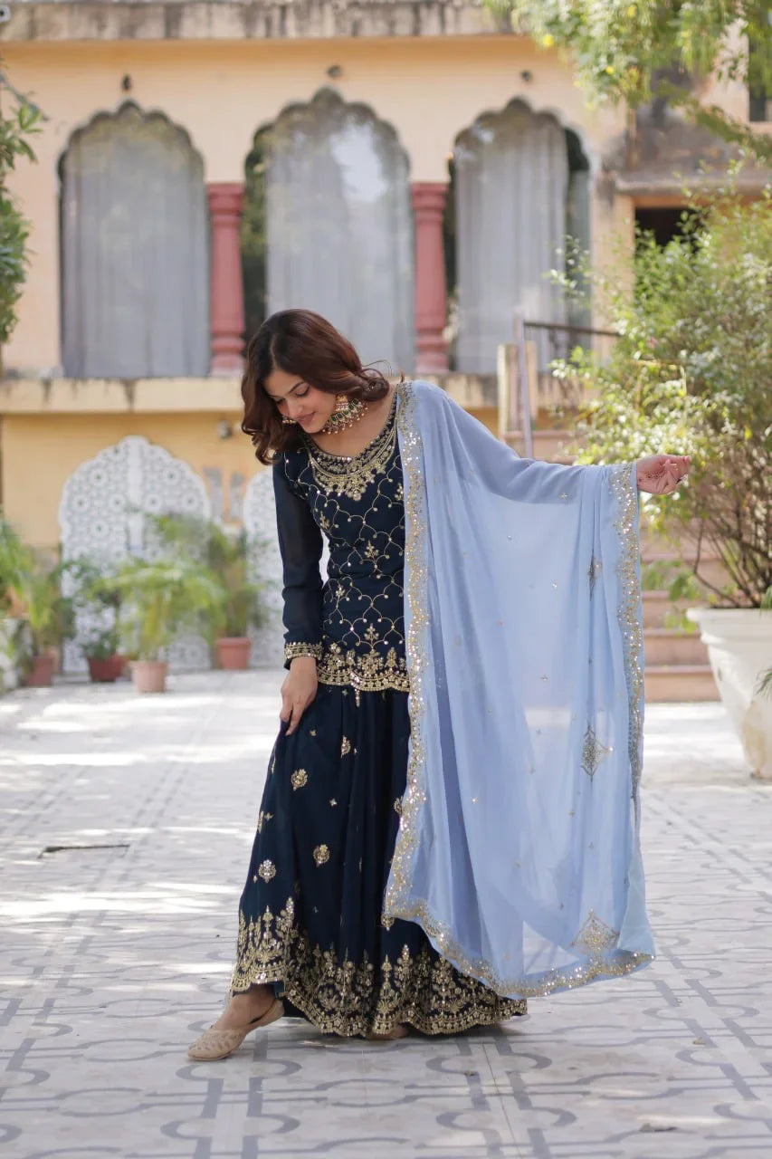 Teal Blue Sequins Embroidery Work Kurti Palazzo Suit With Contras Dupatta