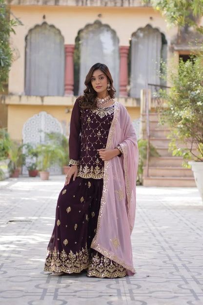Magenta Purple Sequins Embroidery Work Kurti Palazzo Suit With Contras Dupatta
