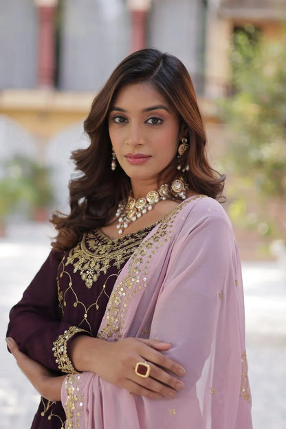 Magenta Purple Sequins Embroidery Work Kurti Palazzo Suit With Contras Dupatta