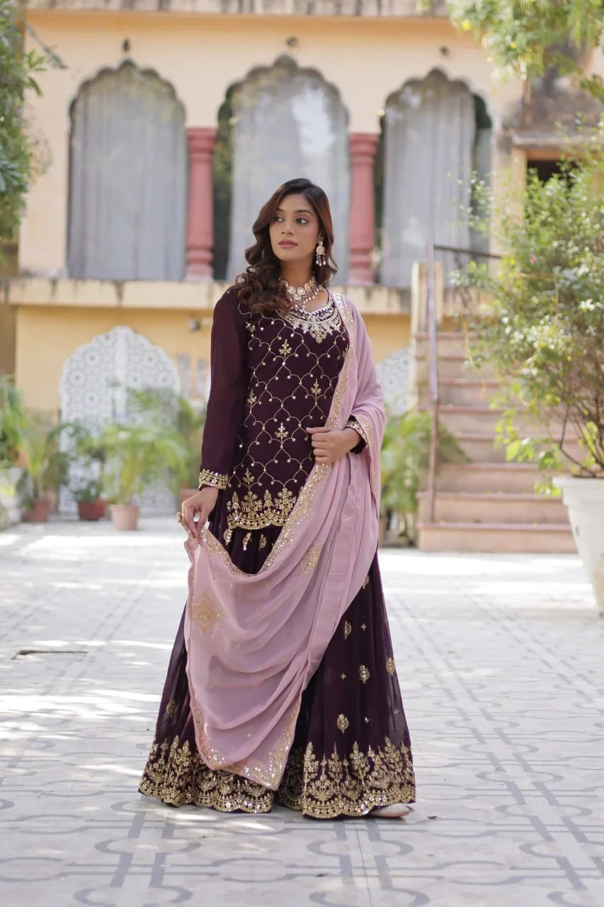 Magenta Purple Sequins Embroidery Work Kurti Palazzo Suit With Contras Dupatta