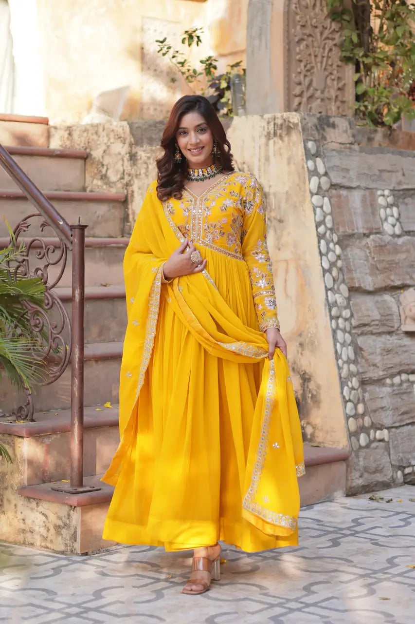 Lightning Yellow Beautiful Thread Sequins Embroidery Work Gown And Dupatta