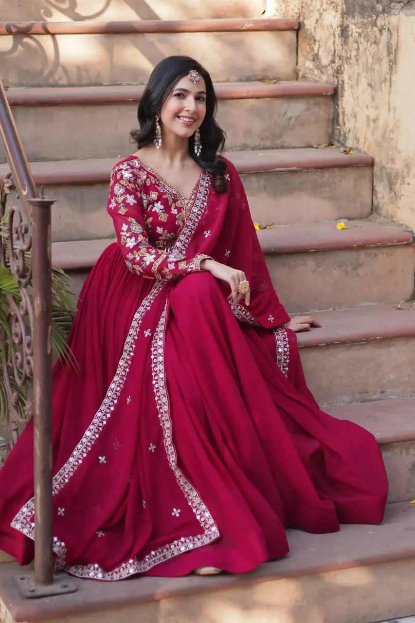 Rose Red Beautiful Thread Sequins Embroidery Work Gown And Dupatta