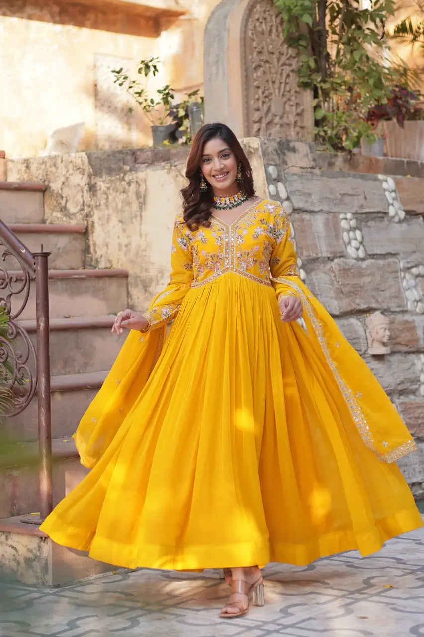 Lightning Yellow Beautiful Thread Sequins Embroidery Work Gown And Dupatta