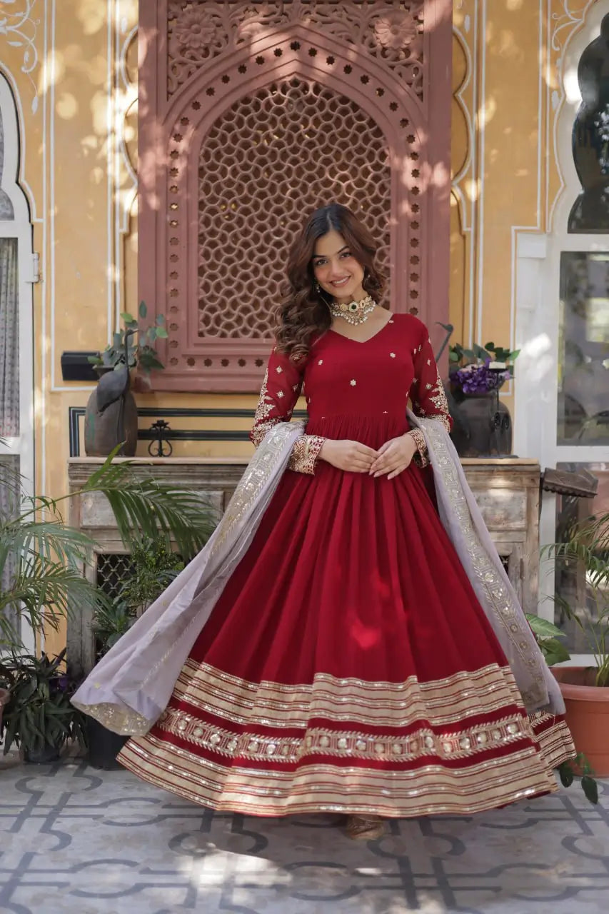 Merlot Red Sequins Embroidery Work Gown With Contras Dupatta