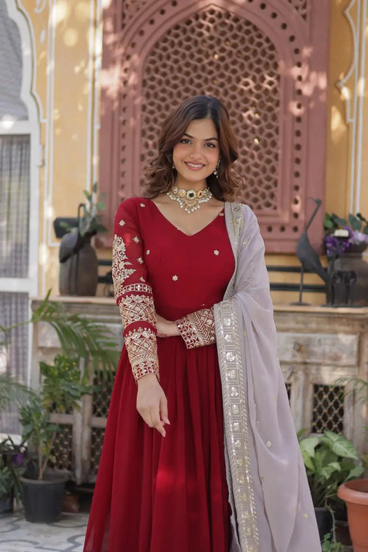 Merlot Red Sequins Embroidery Work Gown With Contras Dupatta