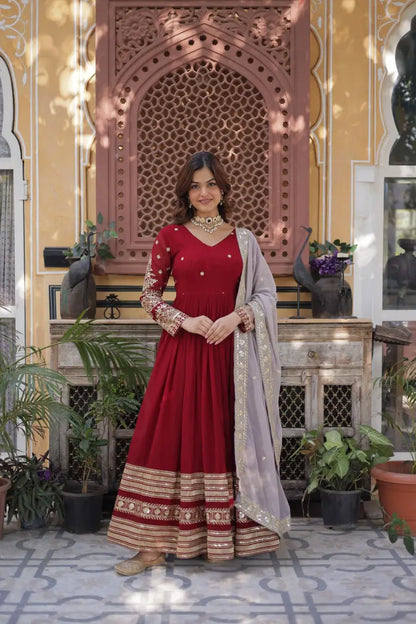 Merlot Red Sequins Embroidery Work Gown With Contras Dupatta
