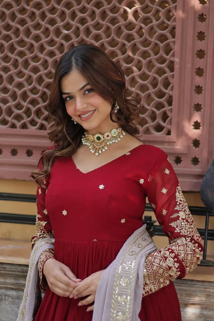 Merlot Red Sequins Embroidery Work Gown With Contras Dupatta