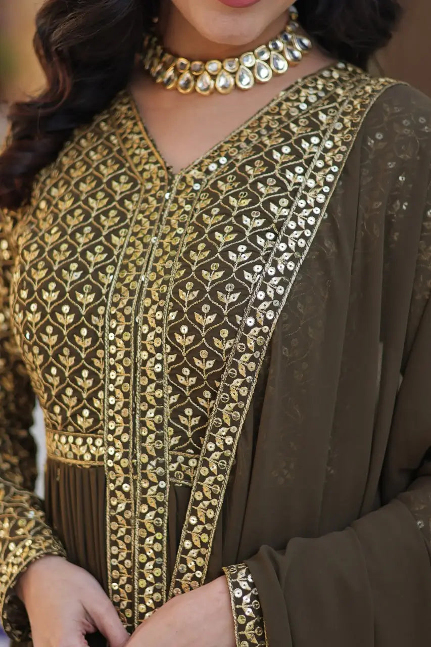 Rangoon Green Georgette Sequins Embroidery Work Front Cut Gown And Dupatta