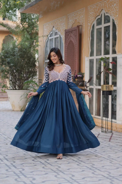 Teal Blue Embroidery Beads Sequins Work Georgette Gown With Dupatta