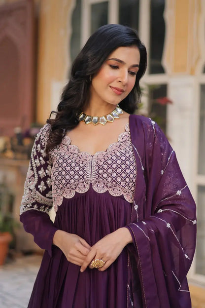 Plum Purple Embroidery Beads Sequins Work Georgette Gown With Dupatta