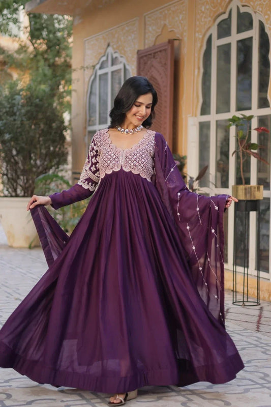 Plum Purple Embroidery Beads Sequins Work Georgette Gown With Dupatta