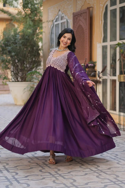 Plum Purple Embroidery Beads Sequins Work Georgette Gown With Dupatta