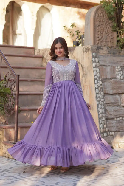 Lilac Purple Georgette Embroidery Beads Sequins Work Gown With Dupatta