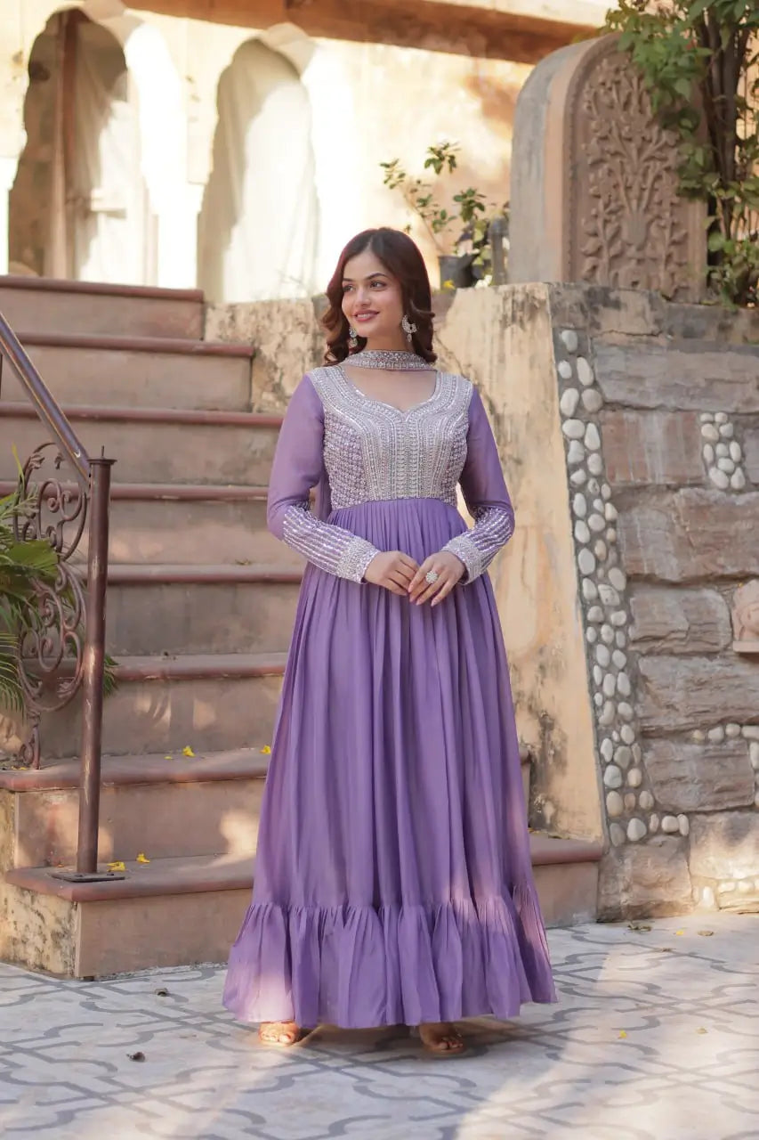 Lilac Purple Georgette Embroidery Beads Sequins Work Gown With Dupatta