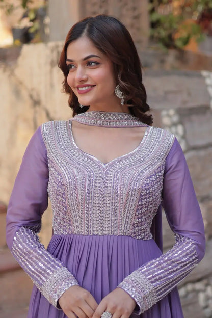 Lilac Purple Georgette Embroidery Beads Sequins Work Gown With Dupatta