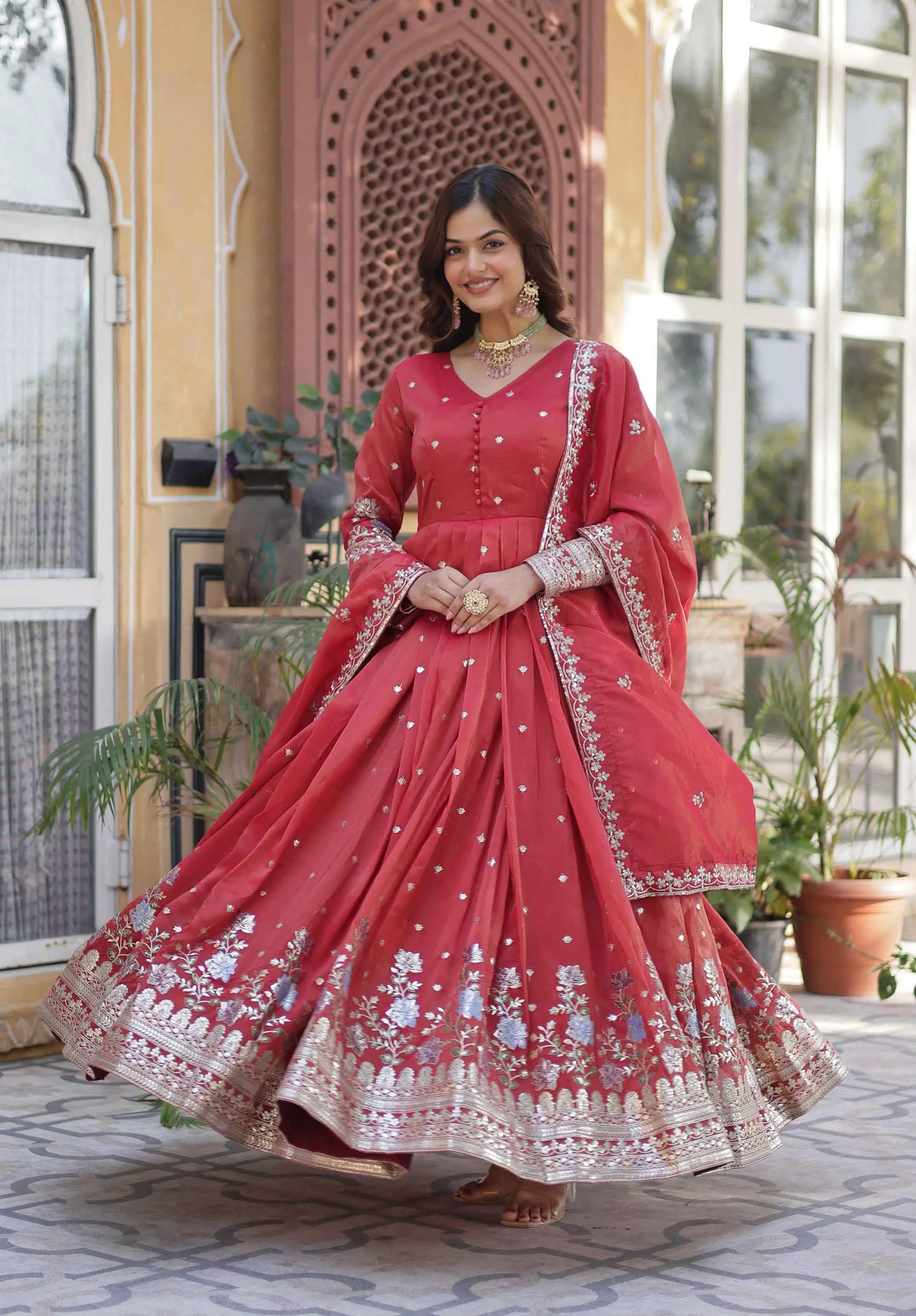 Oranges Red Foil Embroidery Zari Sequins Work Gown With Dupatta