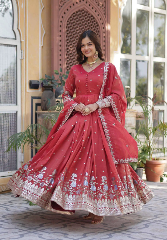 Oranges Red Foil Embroidery Zari Sequins Work Gown With Dupatta