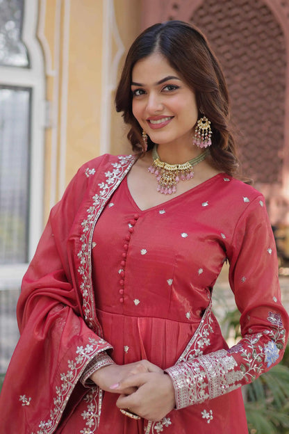 Oranges Red Foil Embroidery Zari Sequins Work Gown With Dupatta