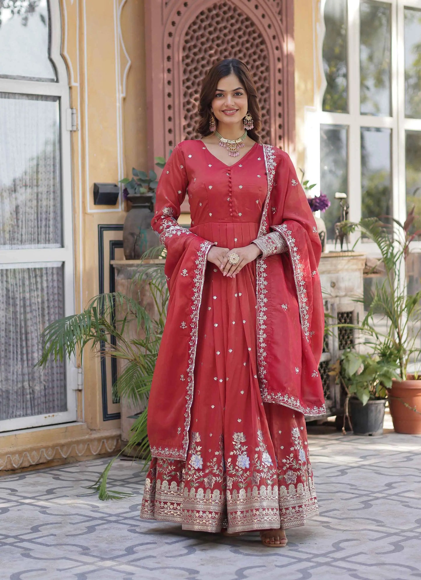 Oranges Red Foil Embroidery Zari Sequins Work Gown With Dupatta