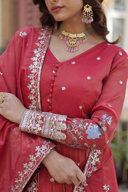 Oranges Red Foil Embroidery Zari Sequins Work Gown With Dupatta