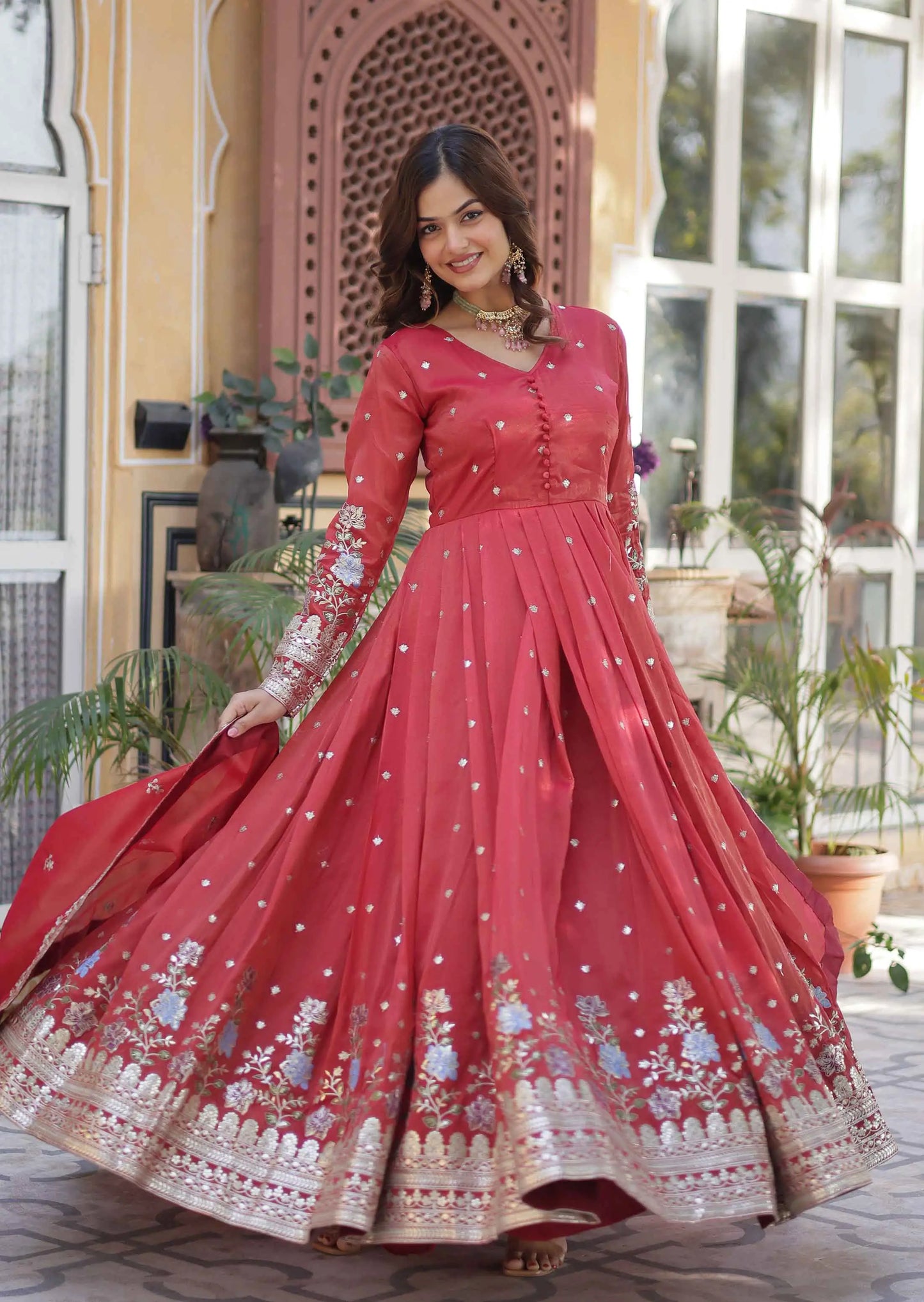 Oranges Red Foil Embroidery Zari Sequins Work Gown With Dupatta