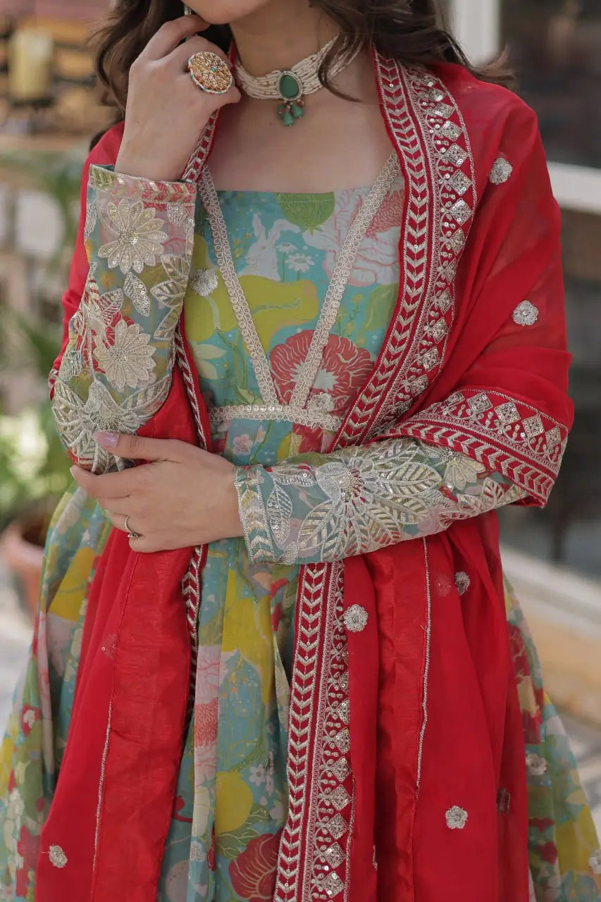 Sky Blue With Multi Floral Print Embroidery Sequins Work Gown With Dupatta