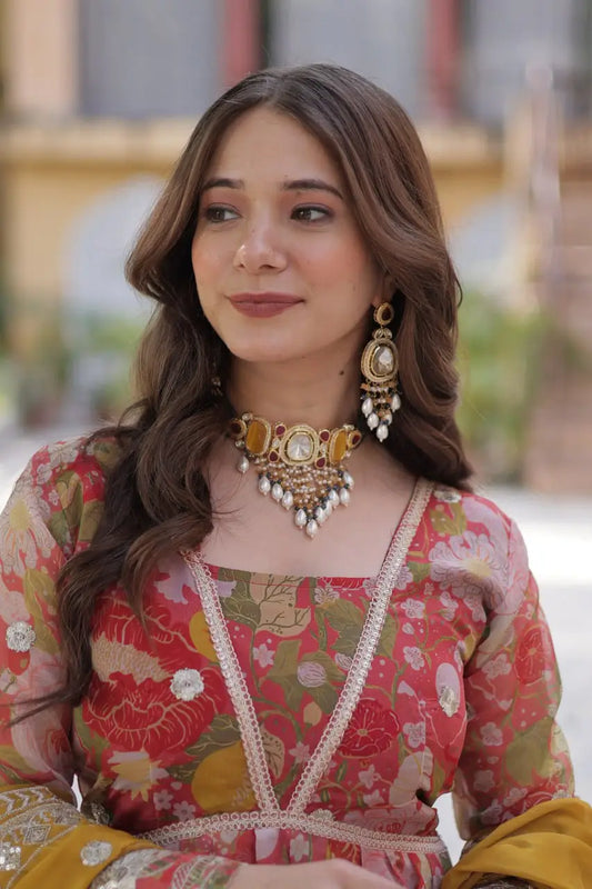 Red With Multi Floral Print Foil Embroidery Sequins Work Gown With Dupatta