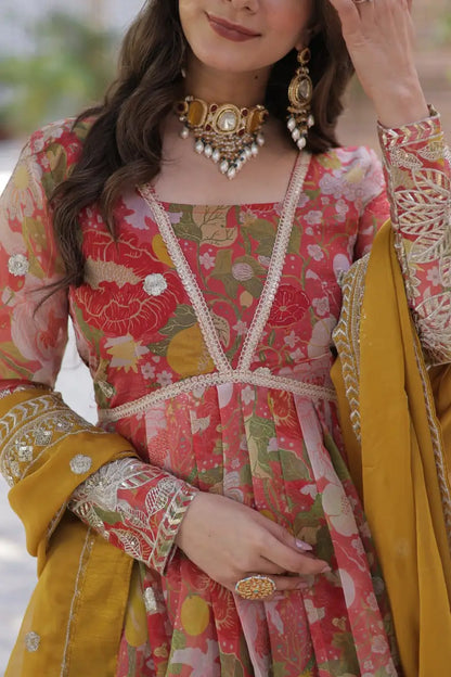 Red With Multi Floral Print Foil Embroidery Sequins Work Gown With Dupatta