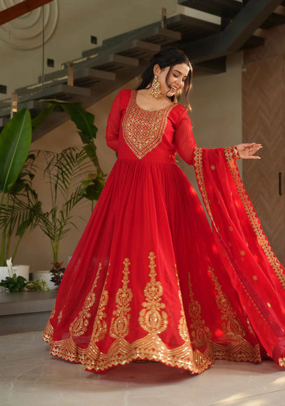 Scarlet Red Zari Sequins Embroidery Work Gown With Dupatta