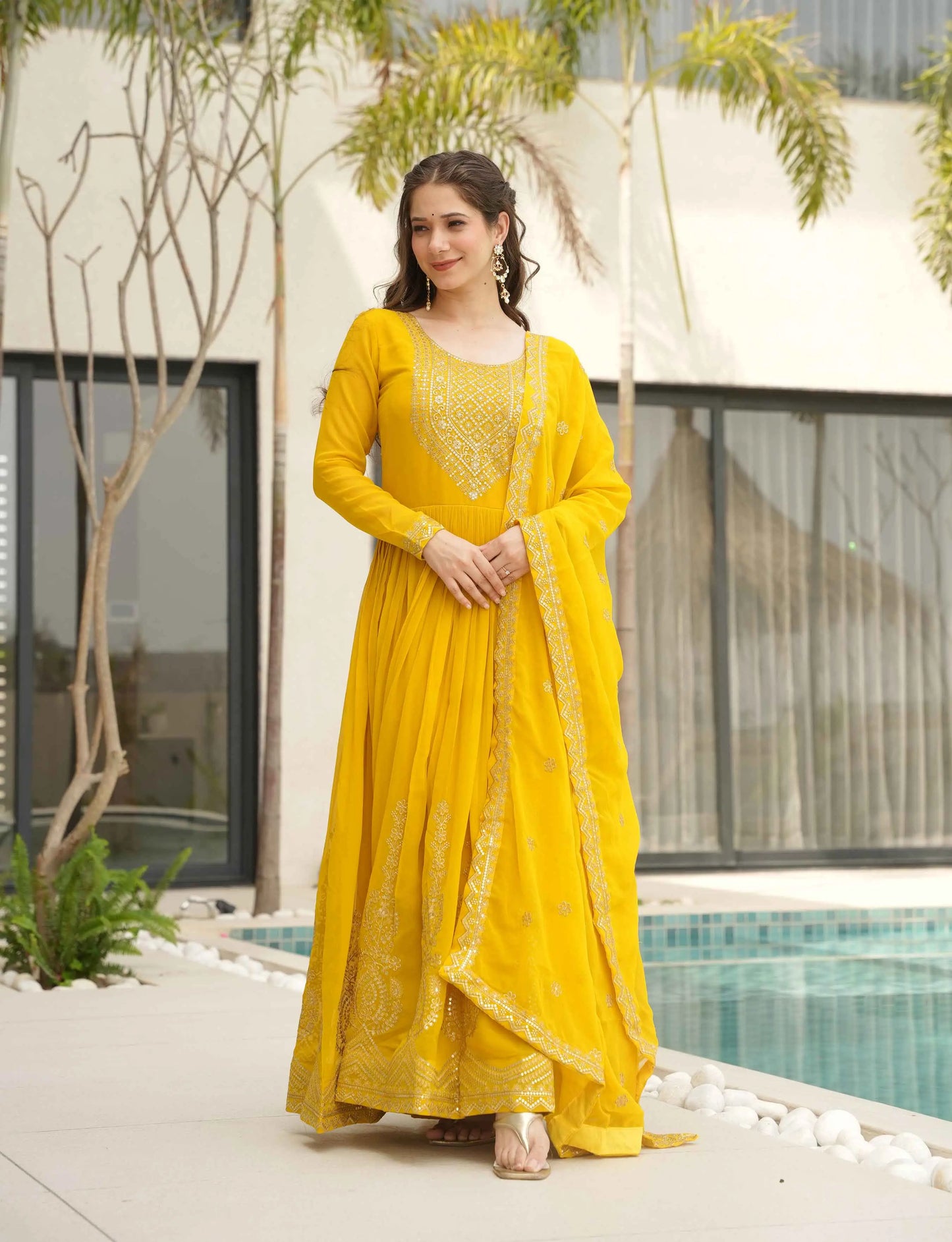 Lightning Yellow Zari Embroidery Work Gown With Dupatta