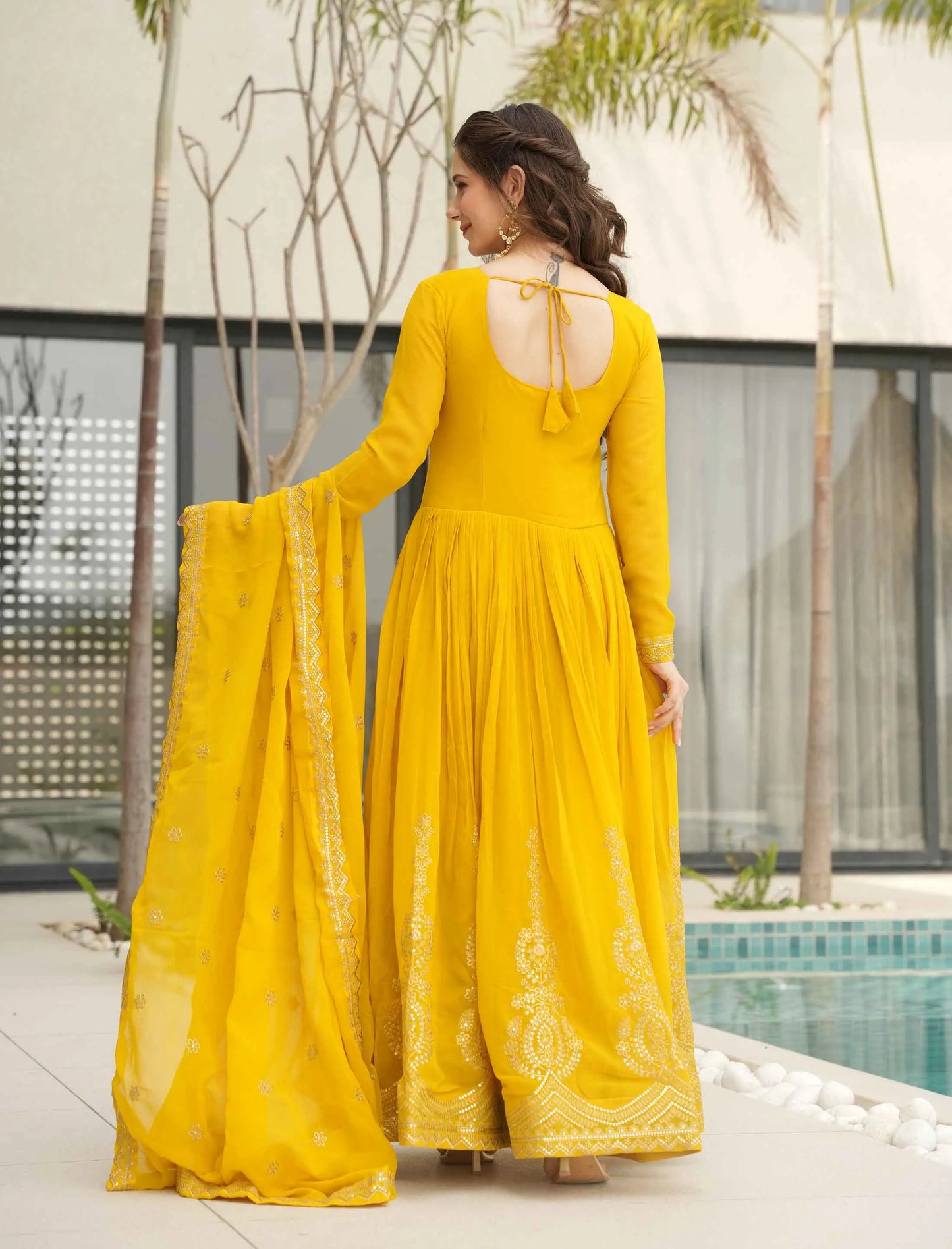 Lightning Yellow Zari Embroidery Work Gown With Dupatta