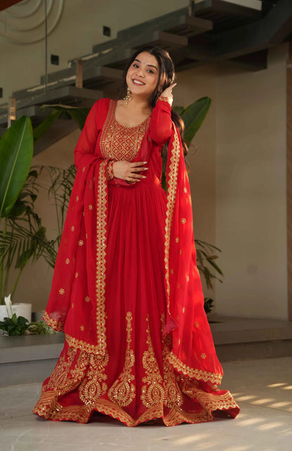 Scarlet Red Zari Sequins Embroidery Work Gown With Dupatta
