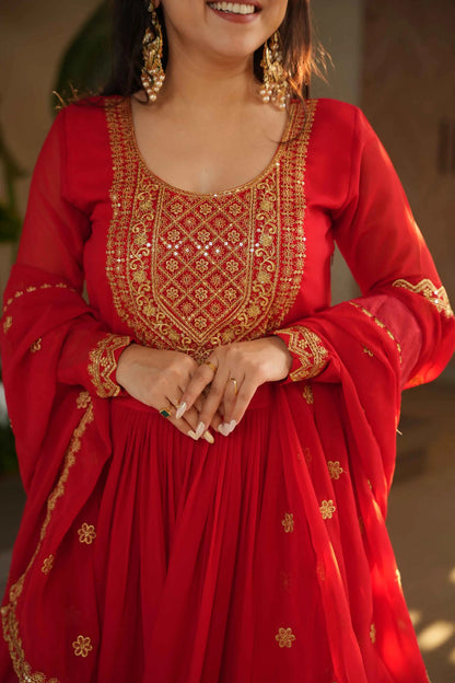 Scarlet Red Zari Sequins Embroidery Work Gown With Dupatta