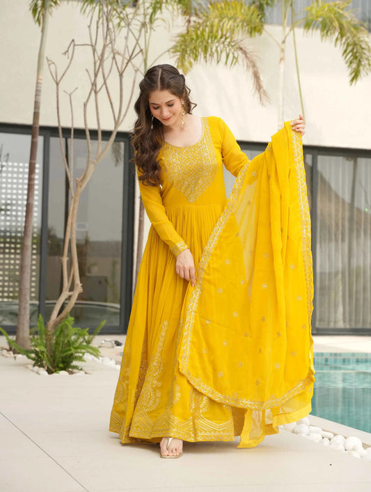 Lightning Yellow Zari Embroidery Work Gown With Dupatta
